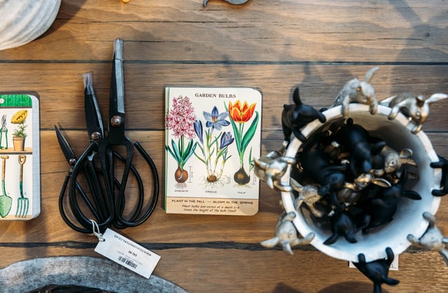 A close up of gardening scissors and book.
