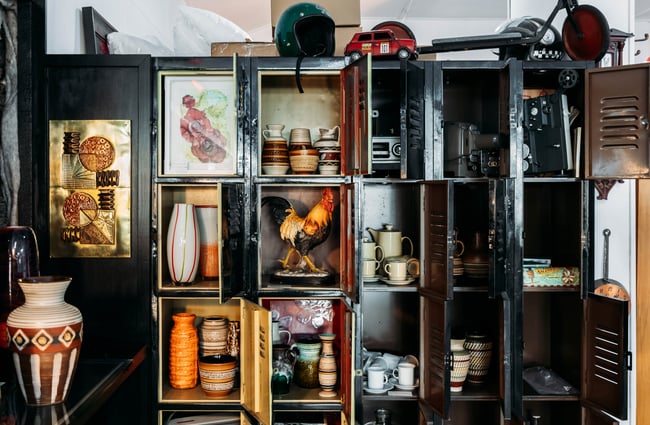 Vintage wares on display on shelves.