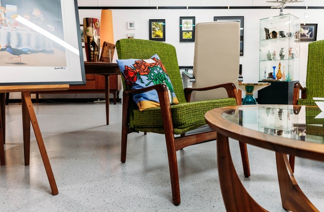 Vintage furniture on display inside Forfar Road Gallery Roxburgh Central Otago.