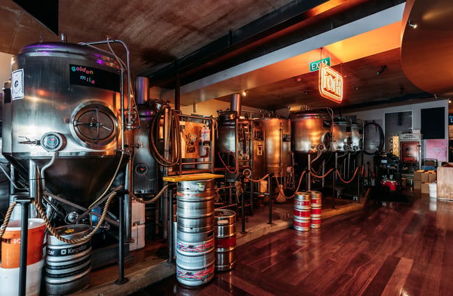 Kegs in the brewing area at Fork & Brewer.