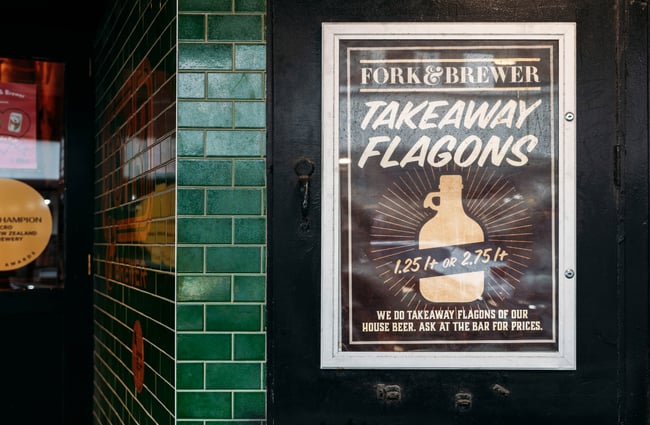 Takeaway flagons being advertised at Fork & Brewer.