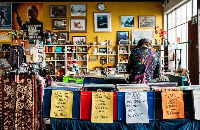 Records on display inside Fossick Collectables.