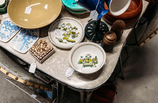Vintage plates on a table.