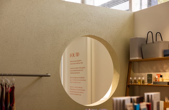 Design detail, a round circle cutout at FOUND.