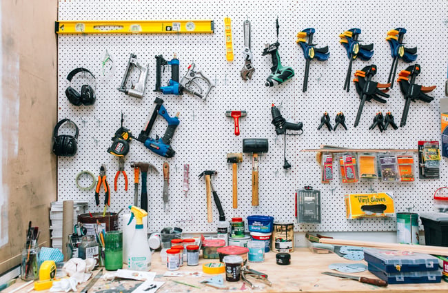 Tools and workbench at The Framing House Hamilton.