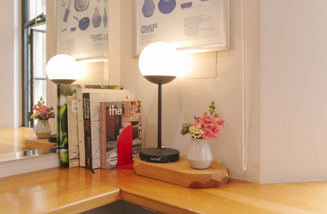 Lamps and books on display at Frances Nation Café.