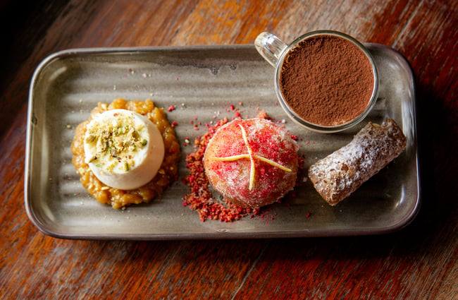 A flatlay of a large plate of colourful food.
