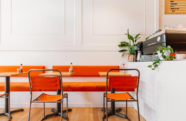 Orange seating at Fred's, Wellington.