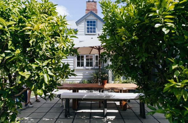 Outdoor seating at French Bay House, Akaroa Canterbury.
