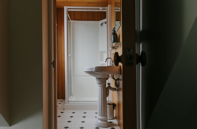 Looking into the ensuite bathroom at French Bay House, Akaroa Canterbury.