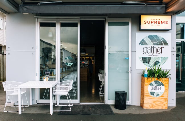 The entrance to Gather Foodhouse, Hamilton.