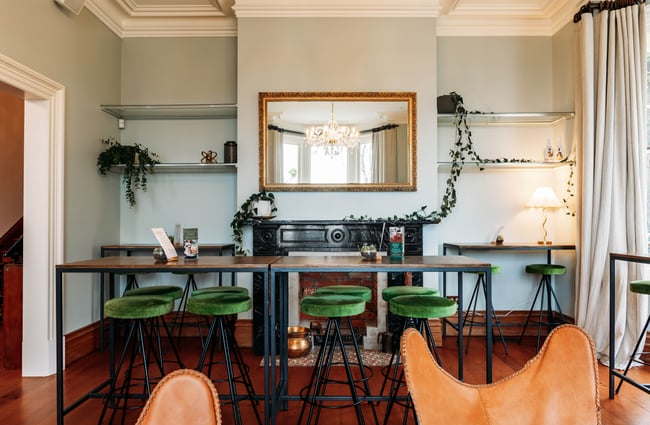 High leaner table in the dining room at Gear Homestead.