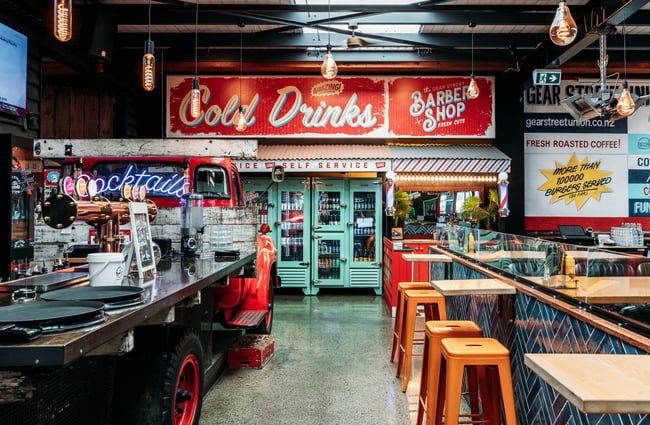 Old school diner vibes with the interiors at Gear Street Union.