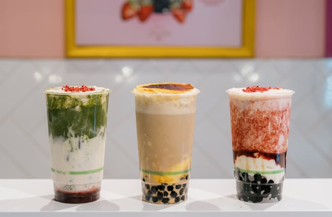 Three bubble teas lined up on table at Gelato & Tea in Christchurch