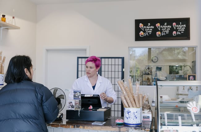 Customer at the counter at Gelato Lab in Christchurch.