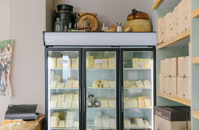 Lots of cheeses in big fridges at Geraldine Cheese Company.