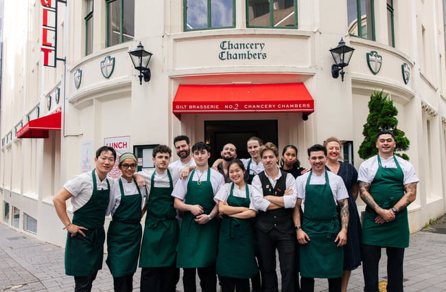 Team photo at Gilt Brasserie in Auckland