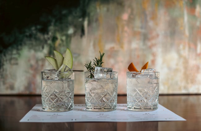 Three glass tumblers of gin and tonics with different botanicals at gin gin in Christchurch.