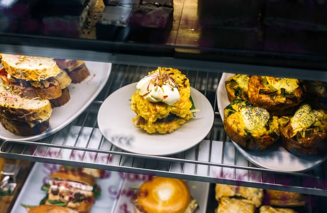 Close up of food in a cabinet.