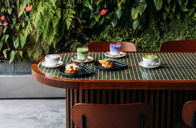 Wooden bar leaner with green tiles holding plates of sweet and savoury crumpets and ube and matcha lattes