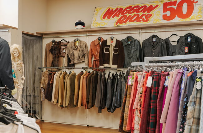 Retro leather and sheepskin jackets displayed high up on a wall.