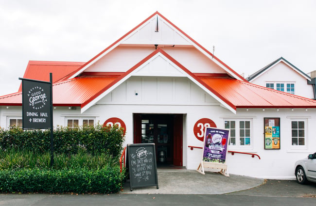 The outside of Good George Dining Hall, Hamilton.