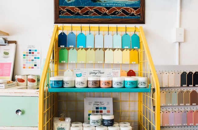Paints on display inside Good Housekeeping Wellington shop, New Zealand.