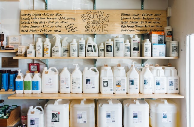 Washing up liquids on shelves at Good Housekeeping Wellington shop, New Zealand.