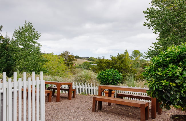 Outdoor seating and view of the countryside at Goose Bakery.