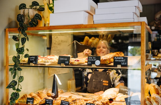 Cabinet of pastries at Goose Bakery.