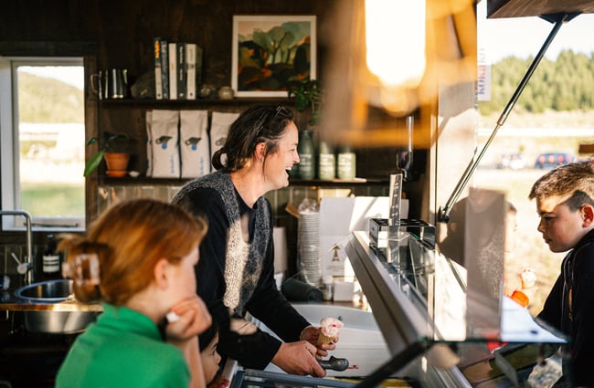 Customers at coffee window at Gorge Quarter.