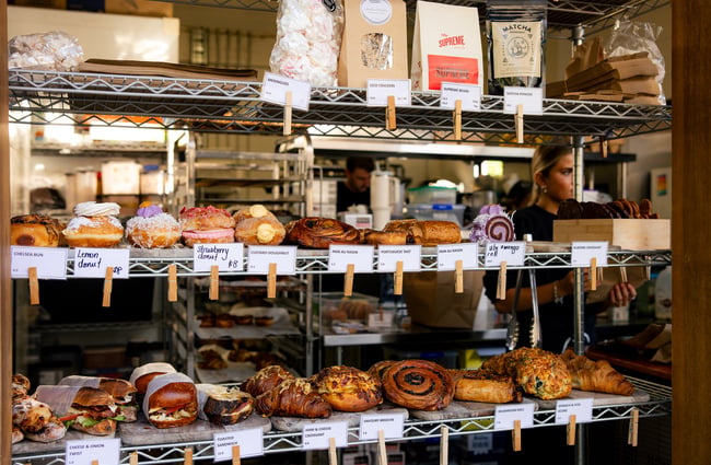 Pastries, sandwiches and other treats in the cabinet at Gourmet Gannet.