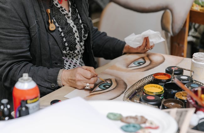Close up of Donna Demente painting at Grainstone Gallery in Ōamaru.