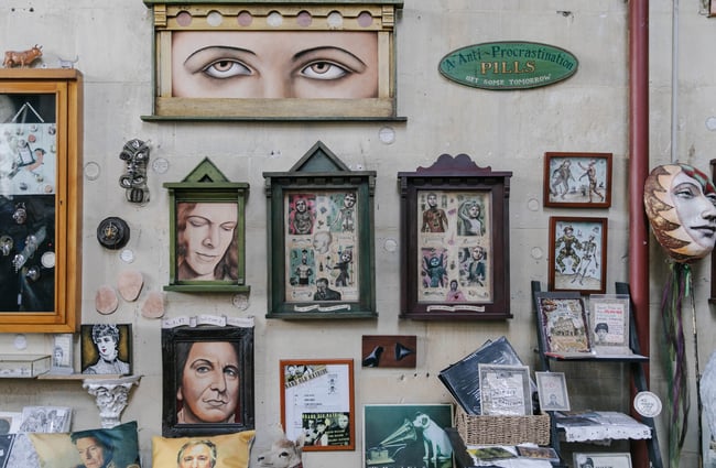Artwork hanging on the walls at Grainstore Gallery in Ōamaru.