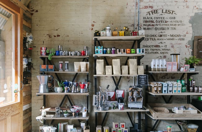 Shelves on coffee making equipment at Grid Coffee.