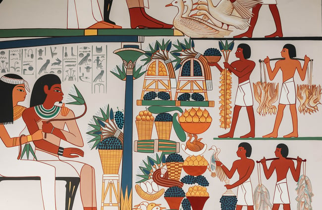 Close up of hieroglyphic paintings inside the Ancient Egyptian Garden.