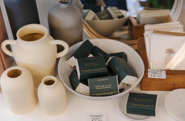 Vases and soaps for sale at Harakeke Florist in Christchurch.