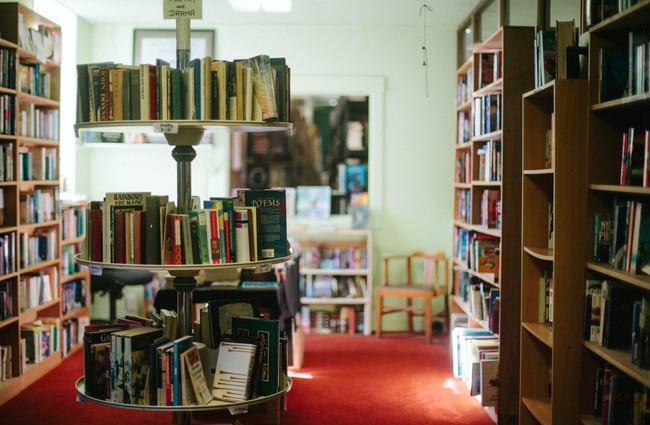 Bookshelves and books on display.