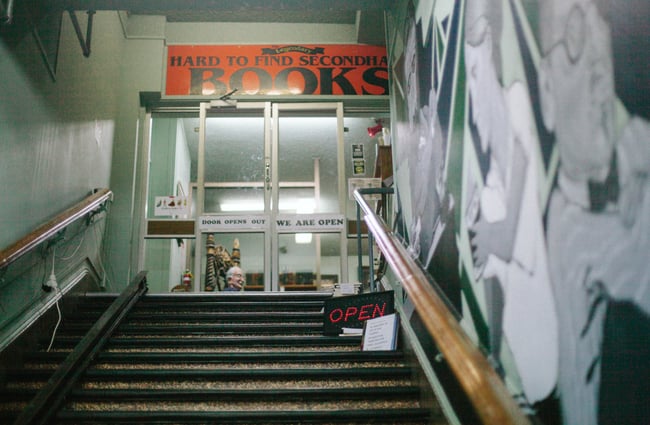Looking up the staircase to the entrance of the shop.