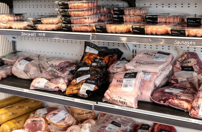 Shelves of meat in the butchery section at Harris Farms Butchery, Bakery & Café.
