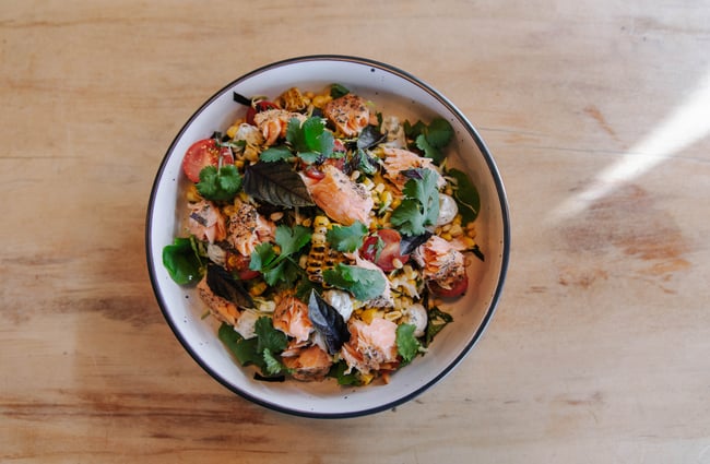 Flatlay of salmon meal on a table.