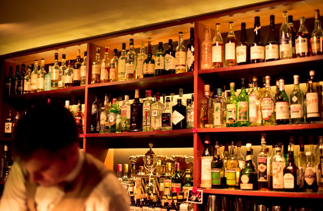 Alcohol on shelf.