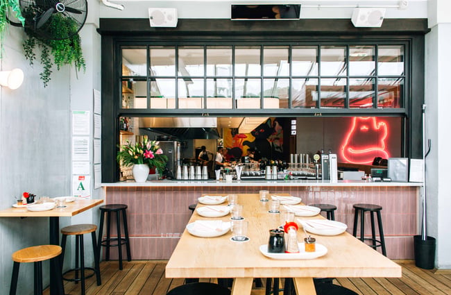 View of bar and dining area at Hello Beasty, Auckland Viaduct Harbour.