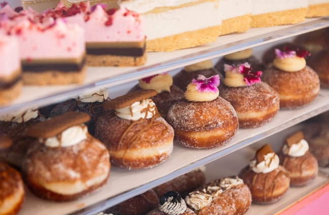 A close up of vegan donuts.