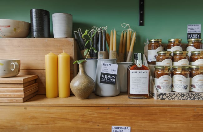 Close up of candles and honey at Henry Trading in Lyttelton