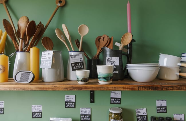 Kitchen utensils on display on shelves at Henry Trading in Lyttelton
