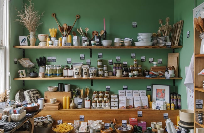 Display shelves full of pantry items at Henry Trading in Lyttelton