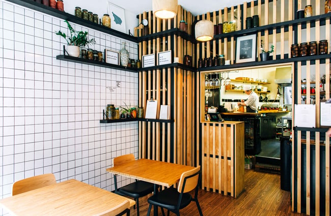 Looking into the kitchen from the restaurant.