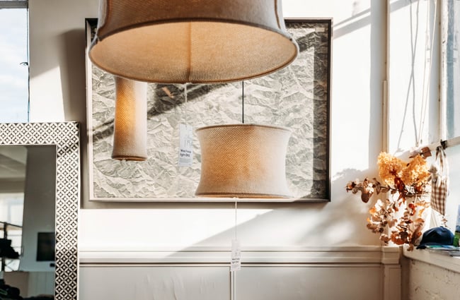 Low hanging lamp shades at Honest Wolf in Rangitikei.