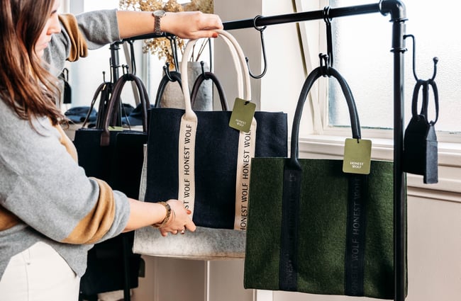 Bags hanging up at Honest Wolf in Rangitikei.